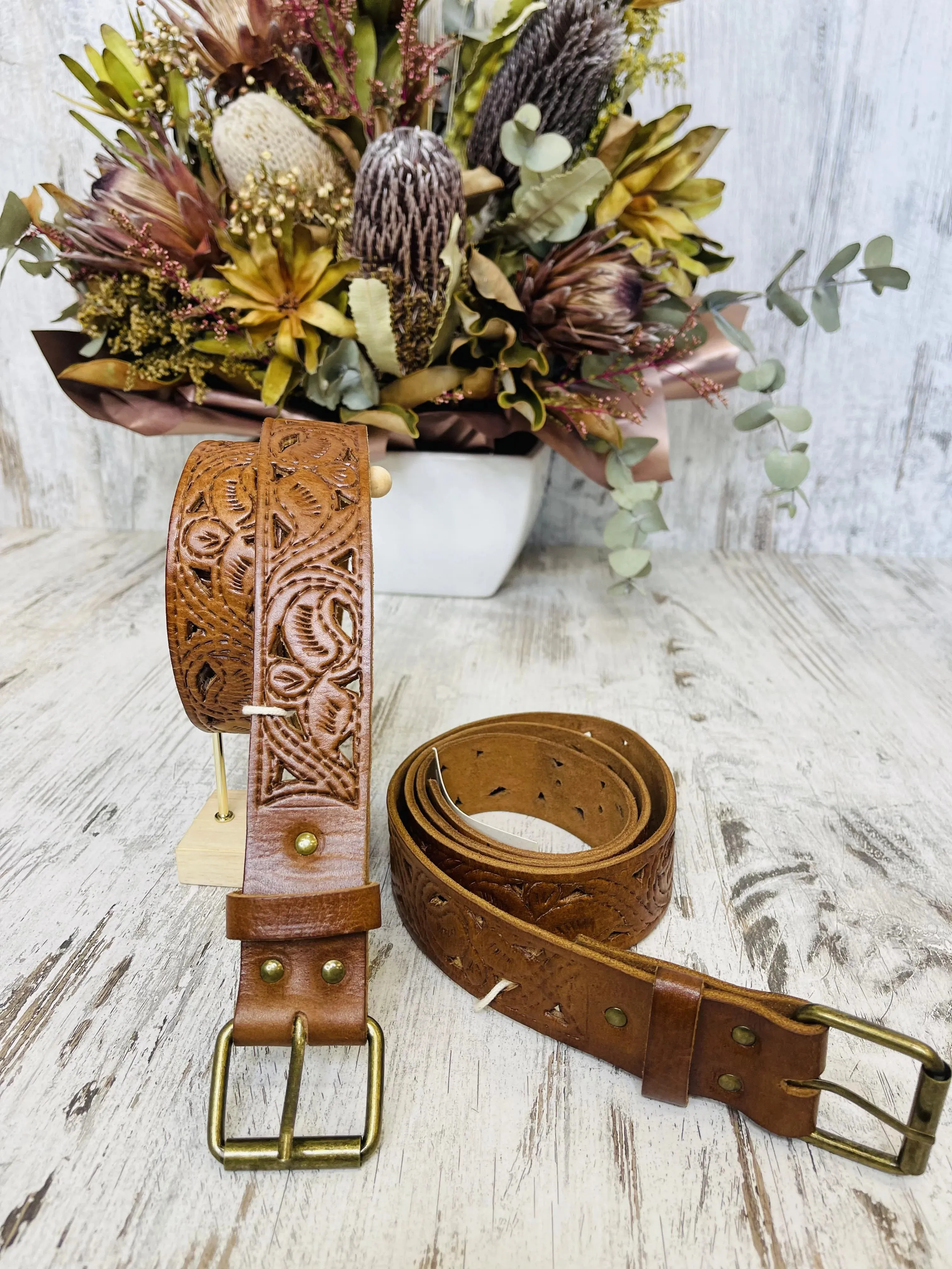 Genuine Leather Hand Tooled Belt Bronze T Bar - Tan