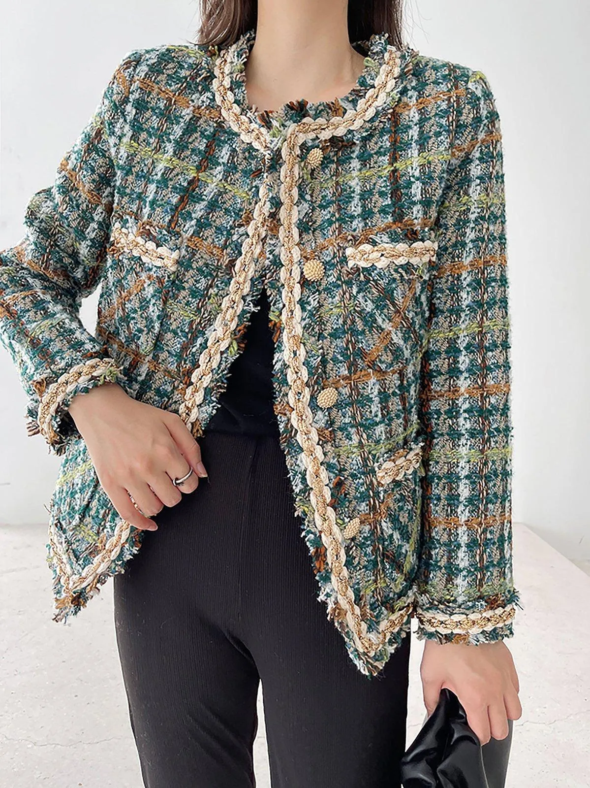 Green Tweed Jacket Cardigan Short Coat