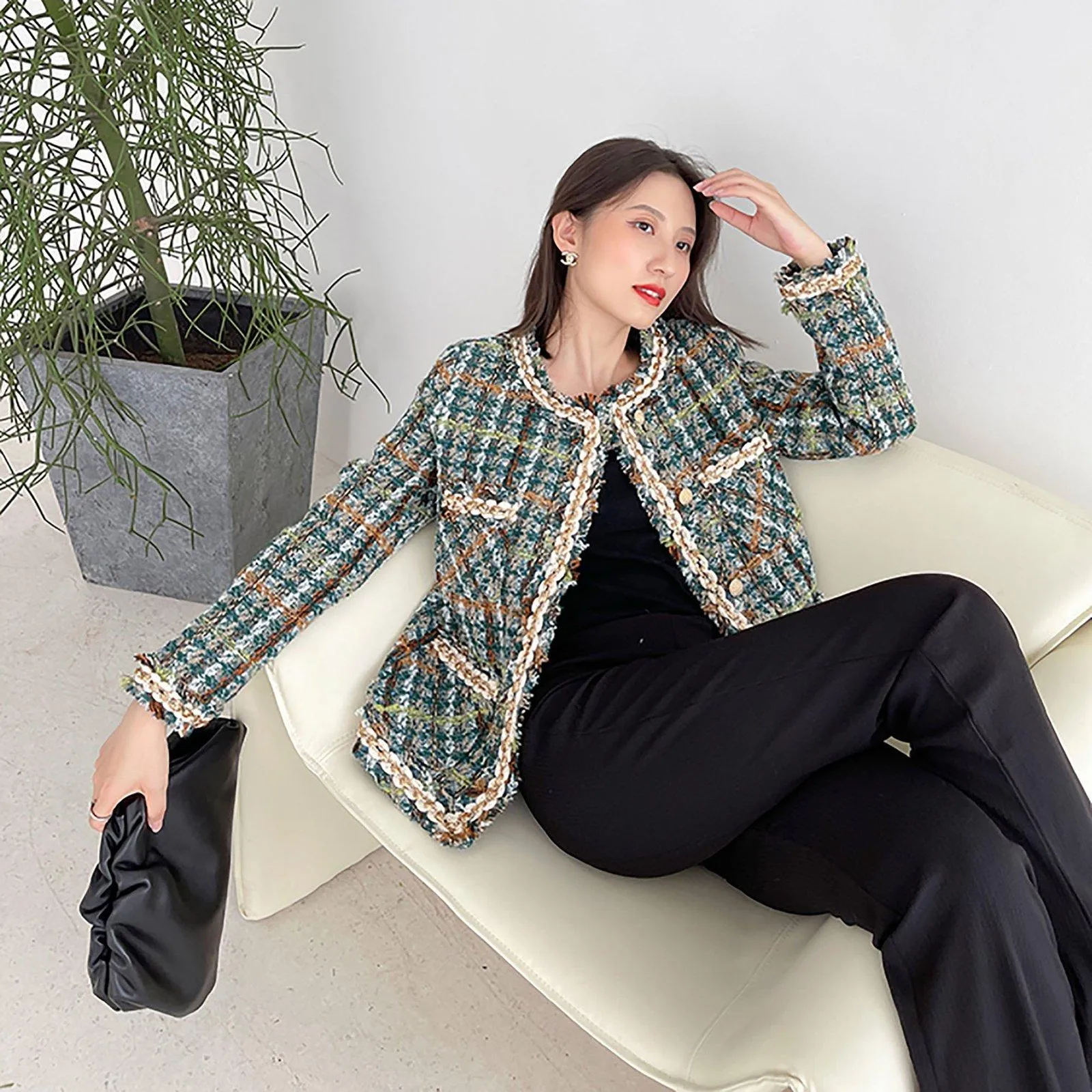 Green Tweed Jacket Cardigan Short Coat