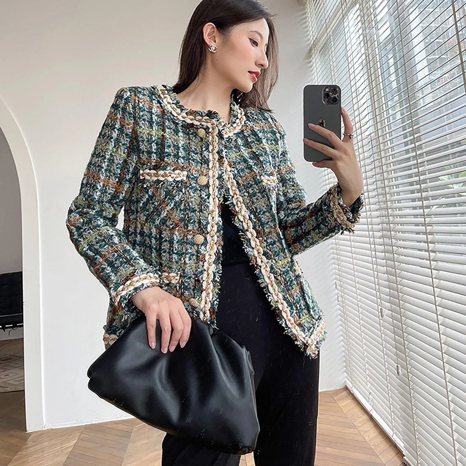 Green Tweed Jacket Cardigan Short Coat