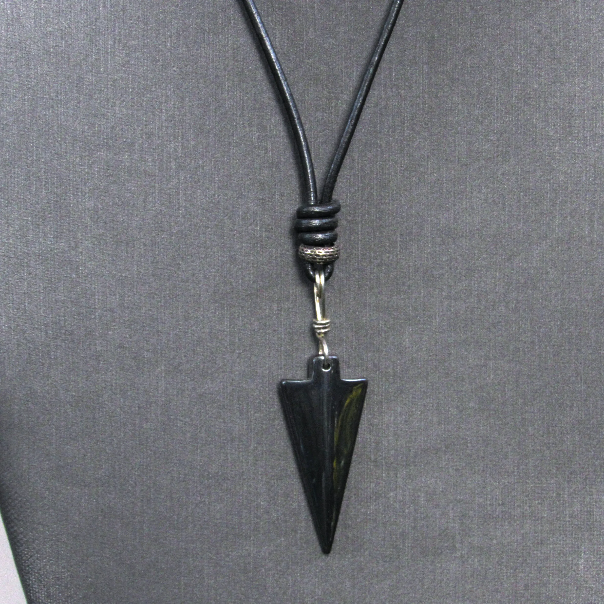 Hematite Arrow Hand Wrapped and Knotted with Sterling Silver on Leather Necklace