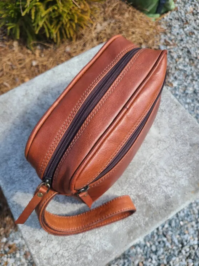 Leather Toiletry Bag - Travel Pouch -  Cognac Brown