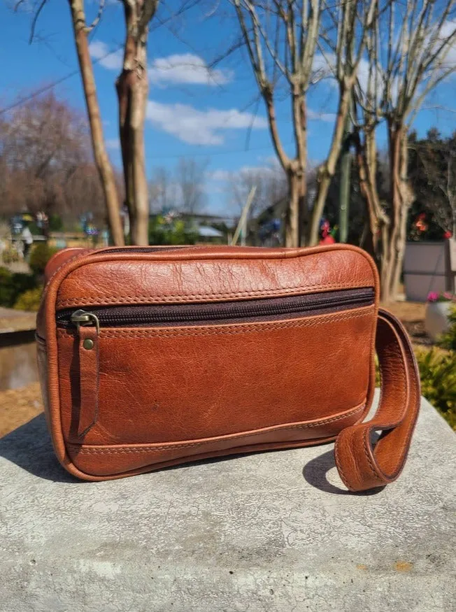 Leather Toiletry Bag - Travel Pouch -  Cognac Brown