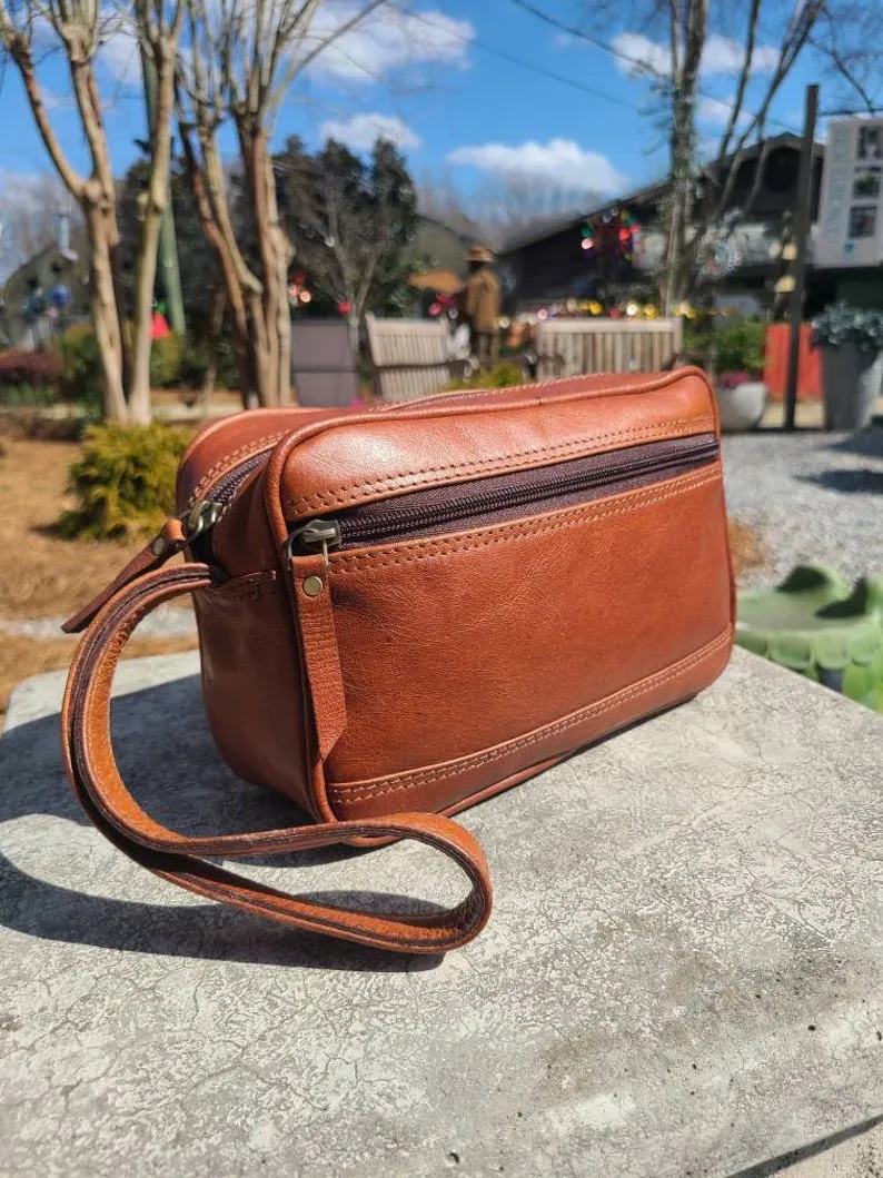 Leather Toiletry Bag - Travel Pouch -  Cognac Brown