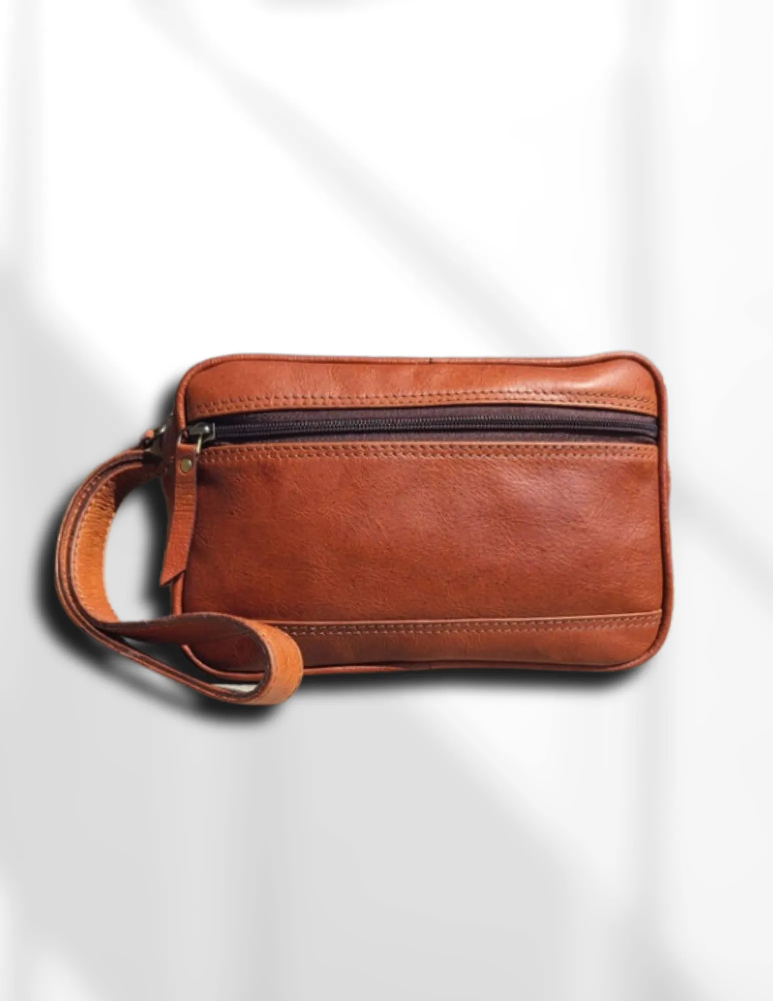 Leather Toiletry Bag - Travel Pouch -  Cognac Brown