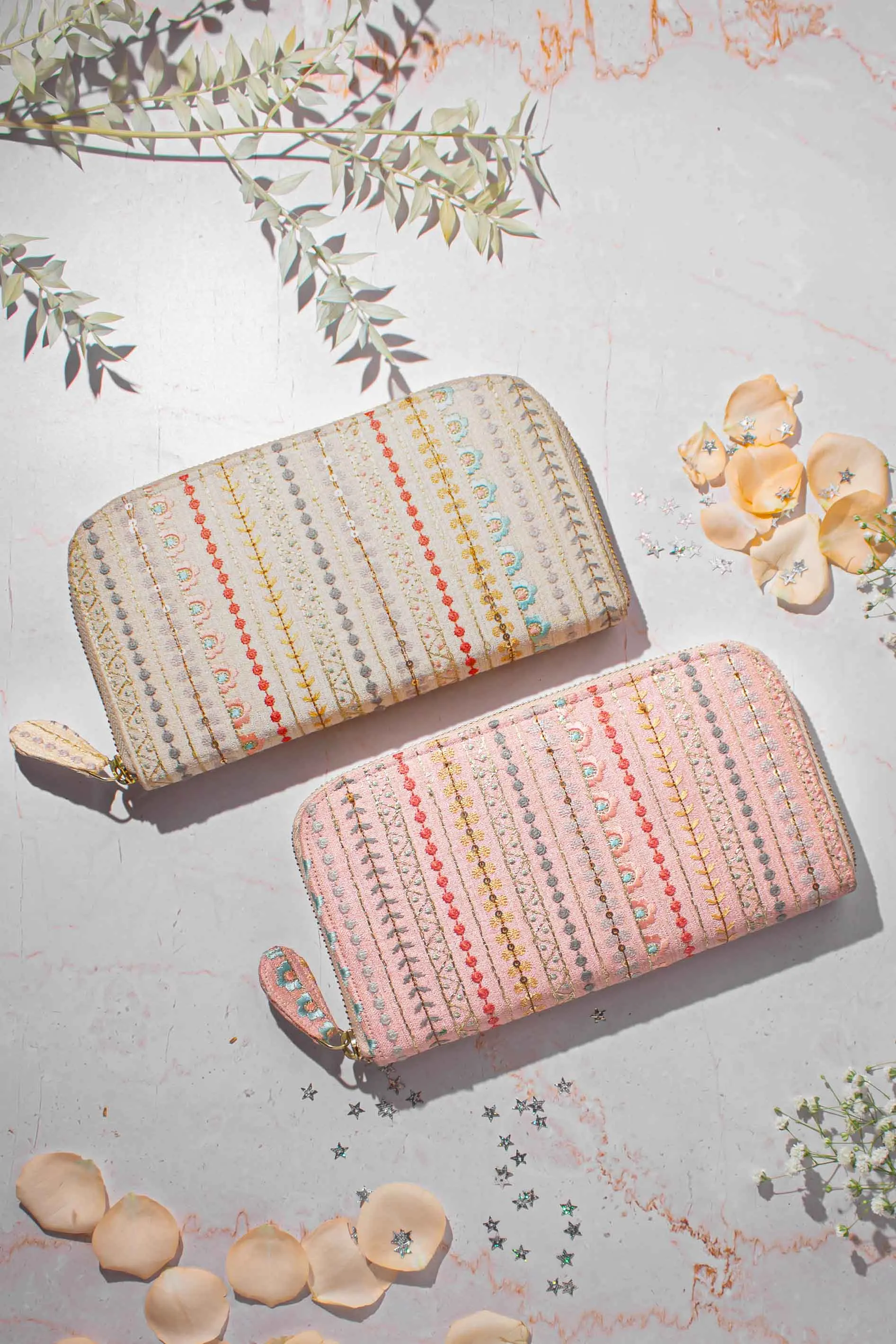 Linea Embroidered Wallet - Cream