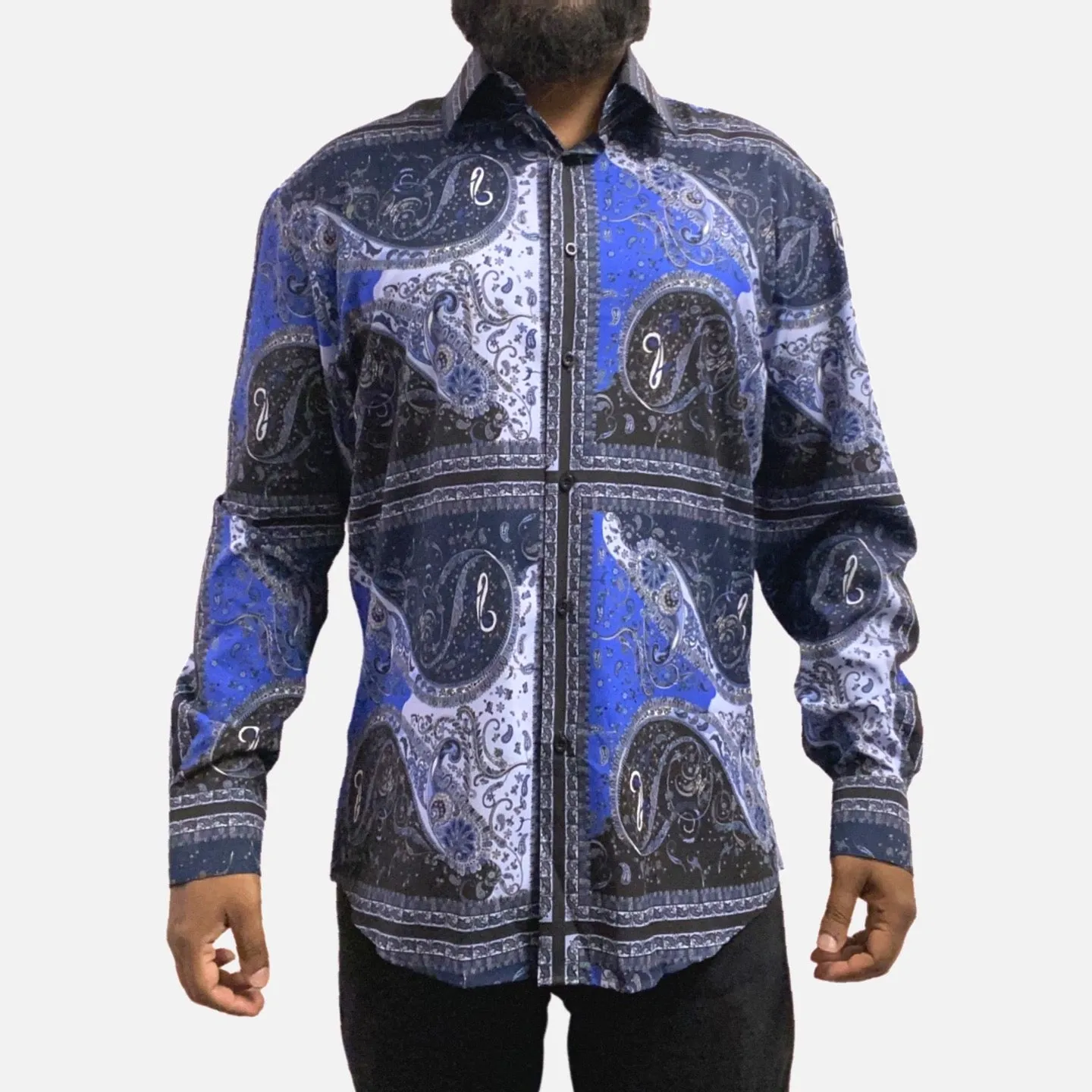 Men's Casual Blue Button-Up Shirt with Paisley Design