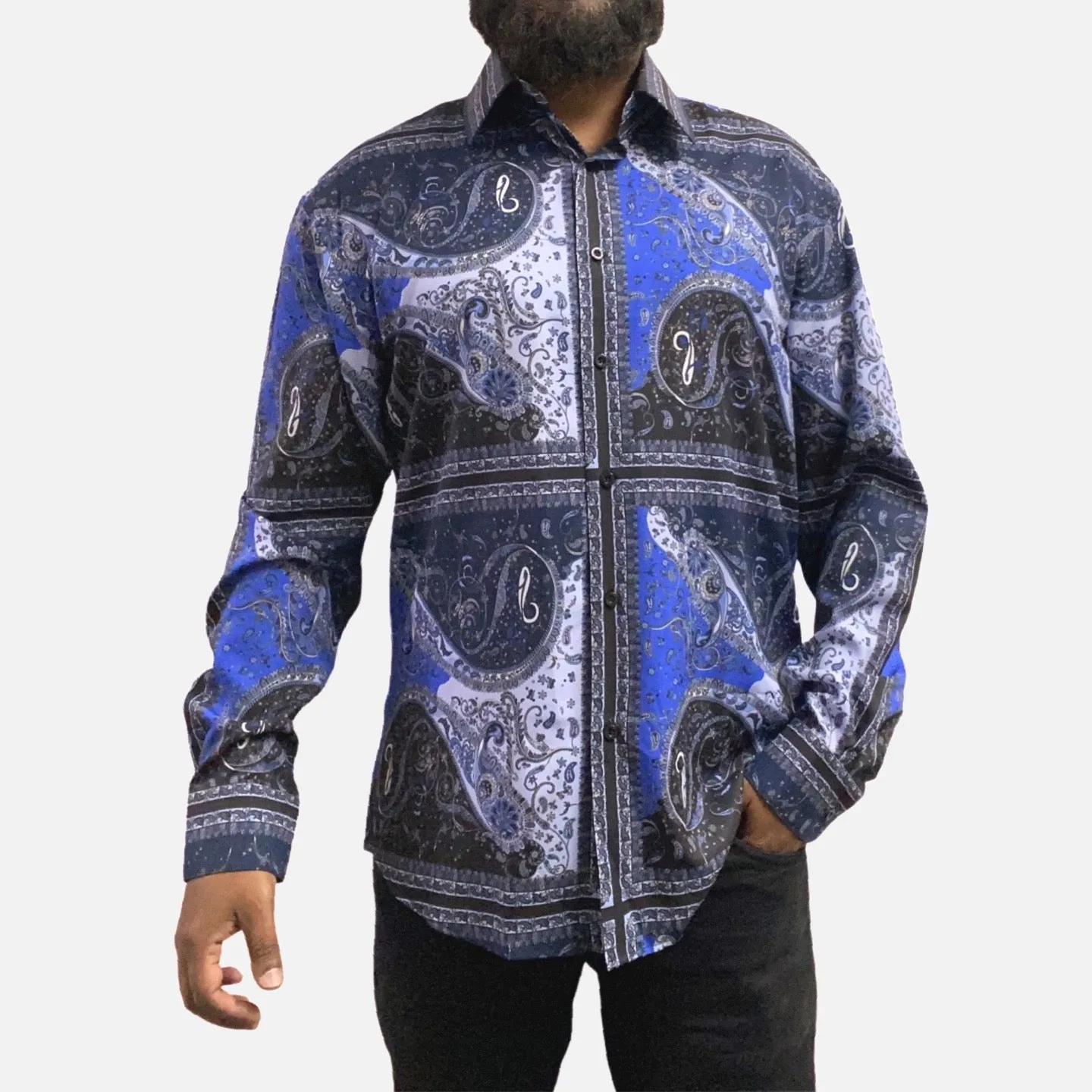 Men's Casual Blue Button-Up Shirt with Paisley Design