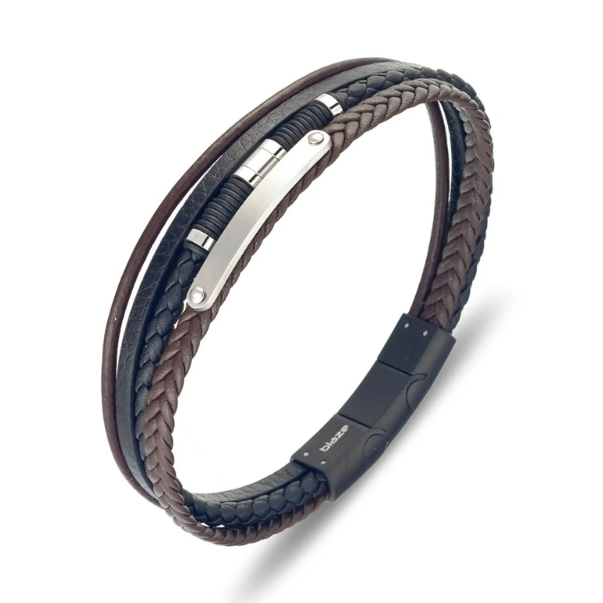 Mens I.D. bar leather stainless steel bracelet brown black silver