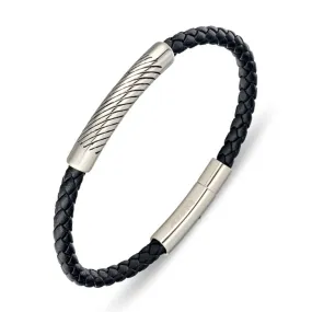 Mens leather stainless steel bracelet Black silver bar