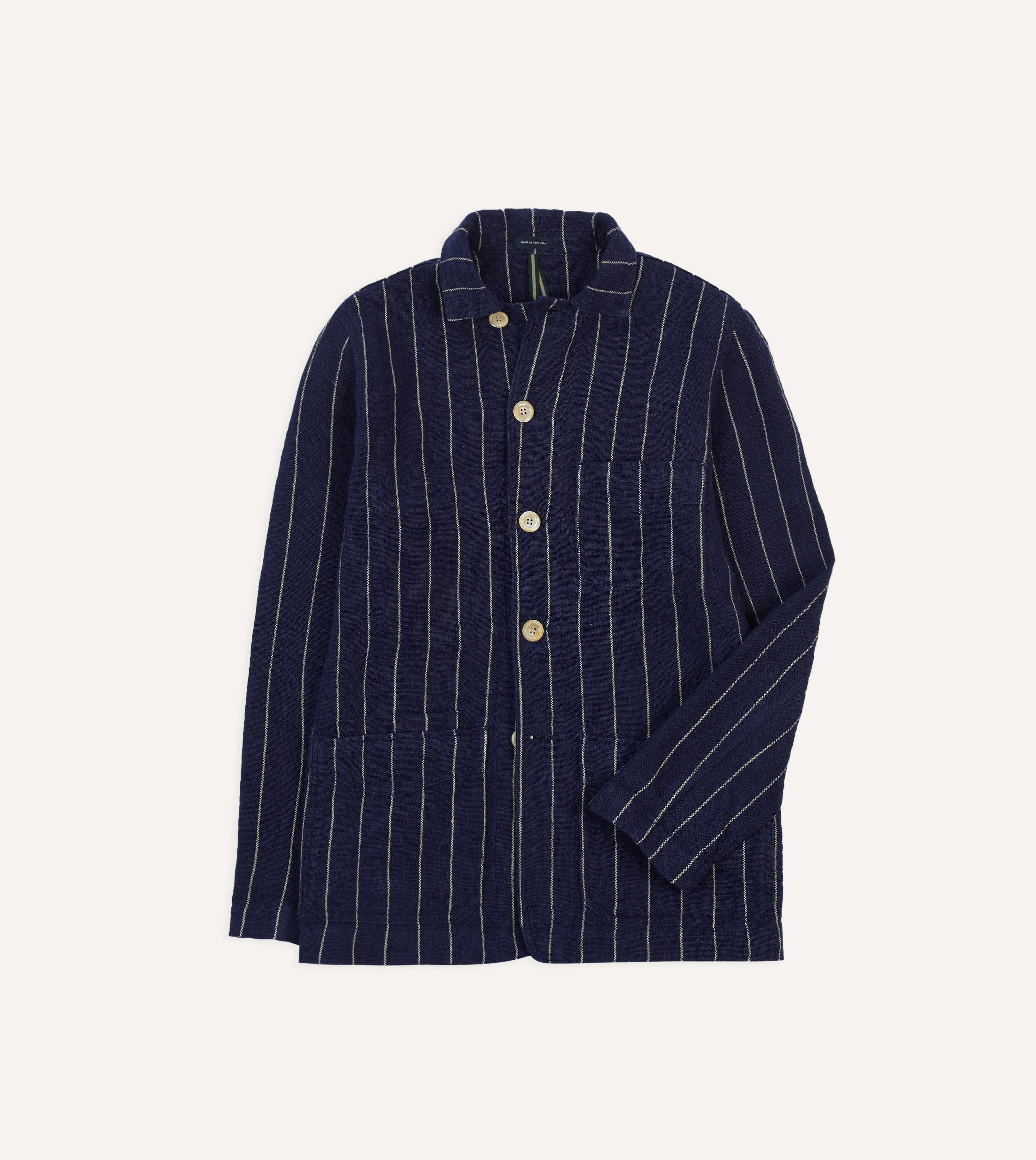 Navy Pinstripe Heavy Linen Five-Pocket Chore Jacket