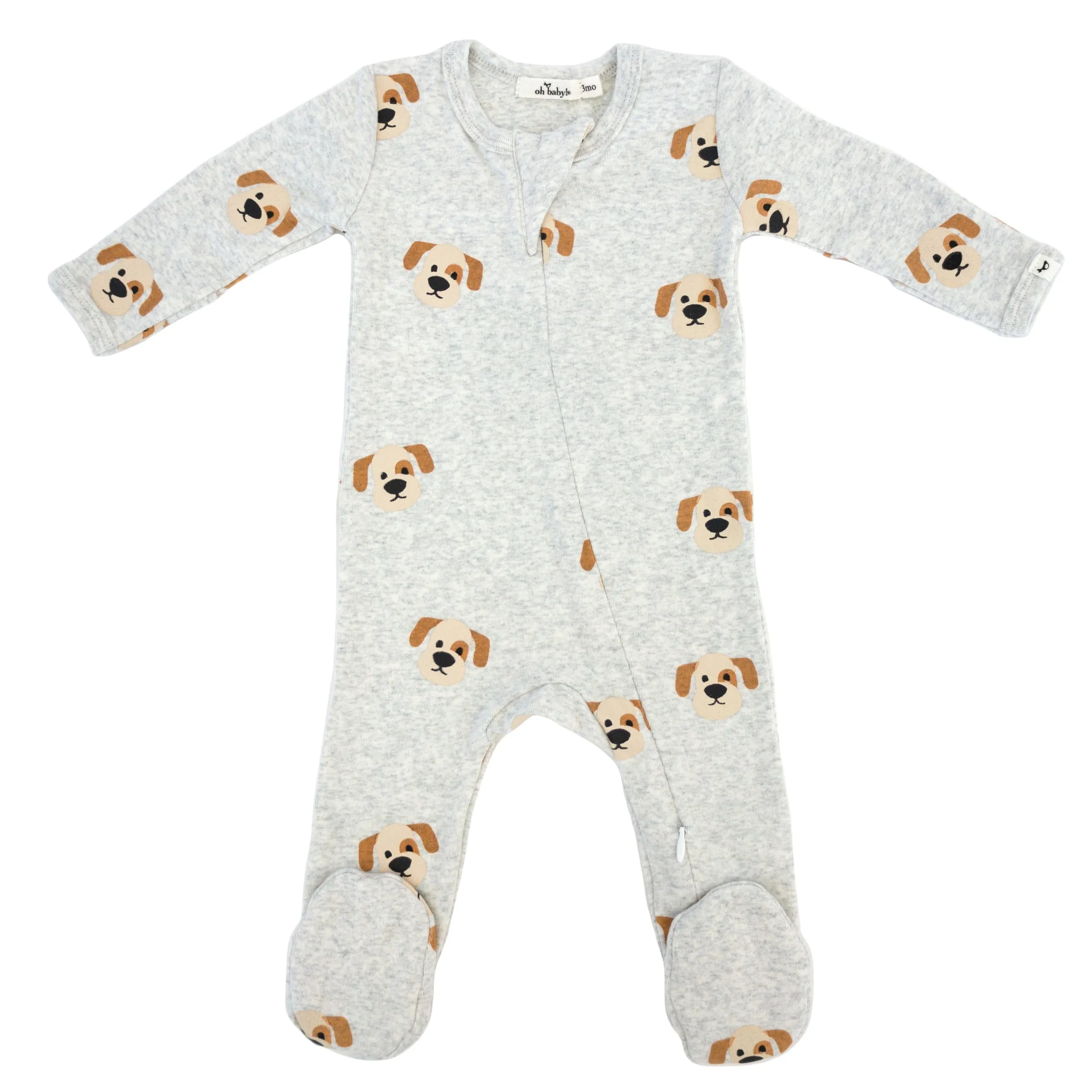 oh baby! Cotton Baby Rib Zipper Footie - Puppy Face Print - Heather Gray