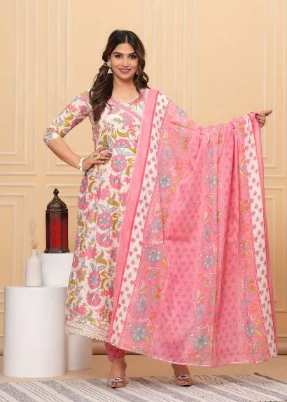 Pink Cotton Floral Anghrakha Style Anarkali Suit Set