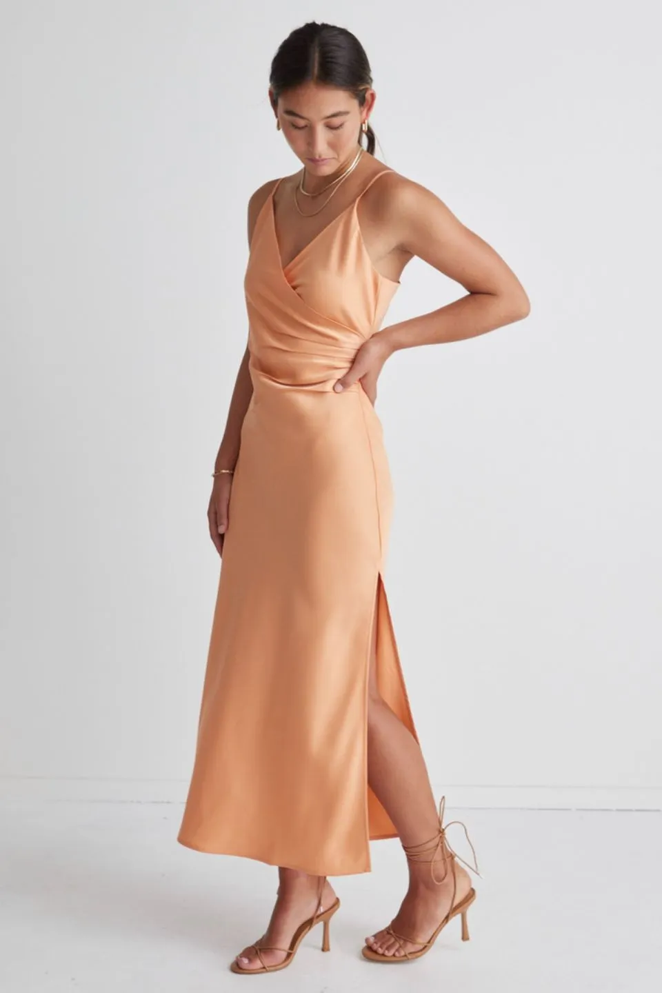 Rapture Papaya Satin Strappy Mock Wrap Midi Dress