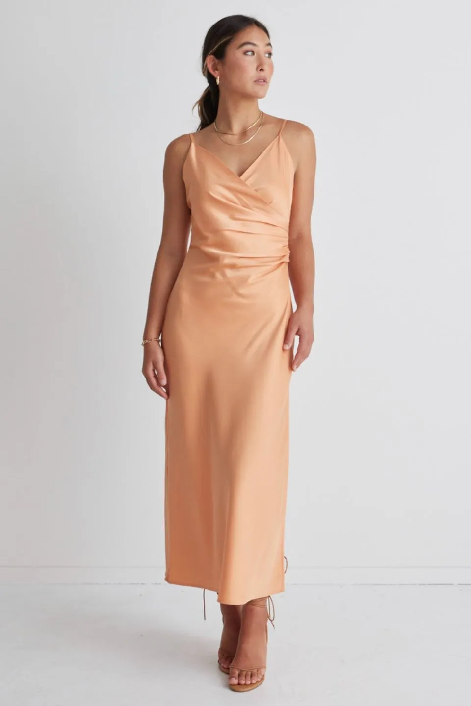 Rapture Papaya Satin Strappy Mock Wrap Midi Dress