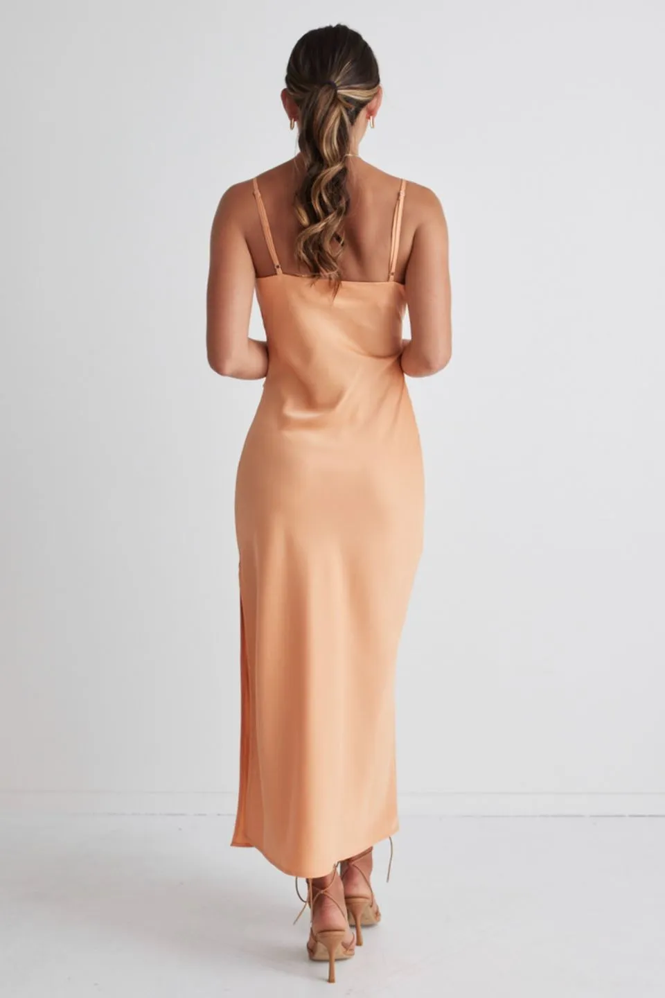 Rapture Papaya Satin Strappy Mock Wrap Midi Dress