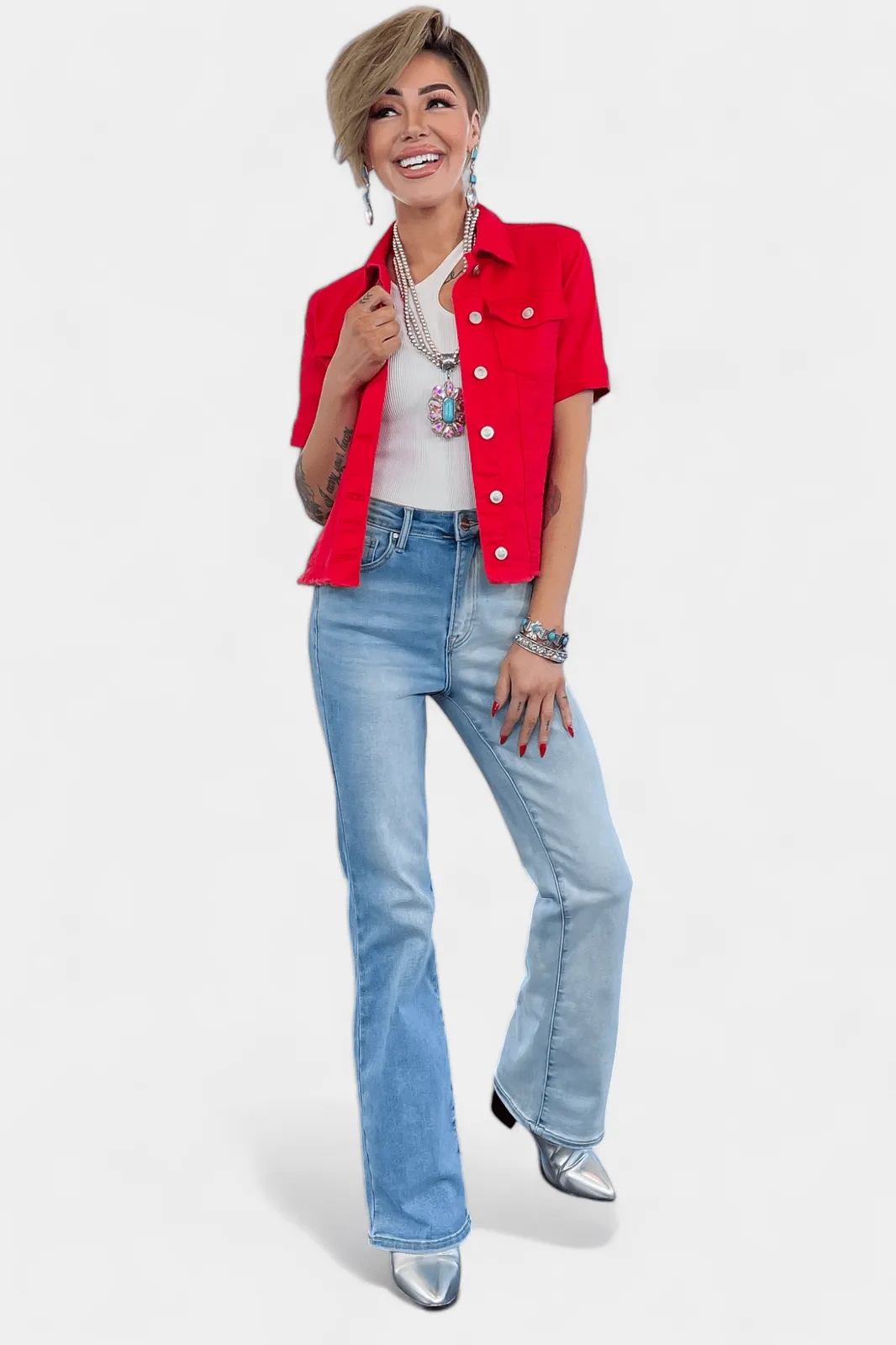 Red Short Sleeve Denim Jacket [NO RETURNS]