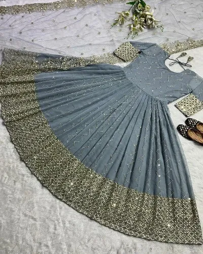 Silver Heavy Designer Georgette Anarkali Gown With Dupatta