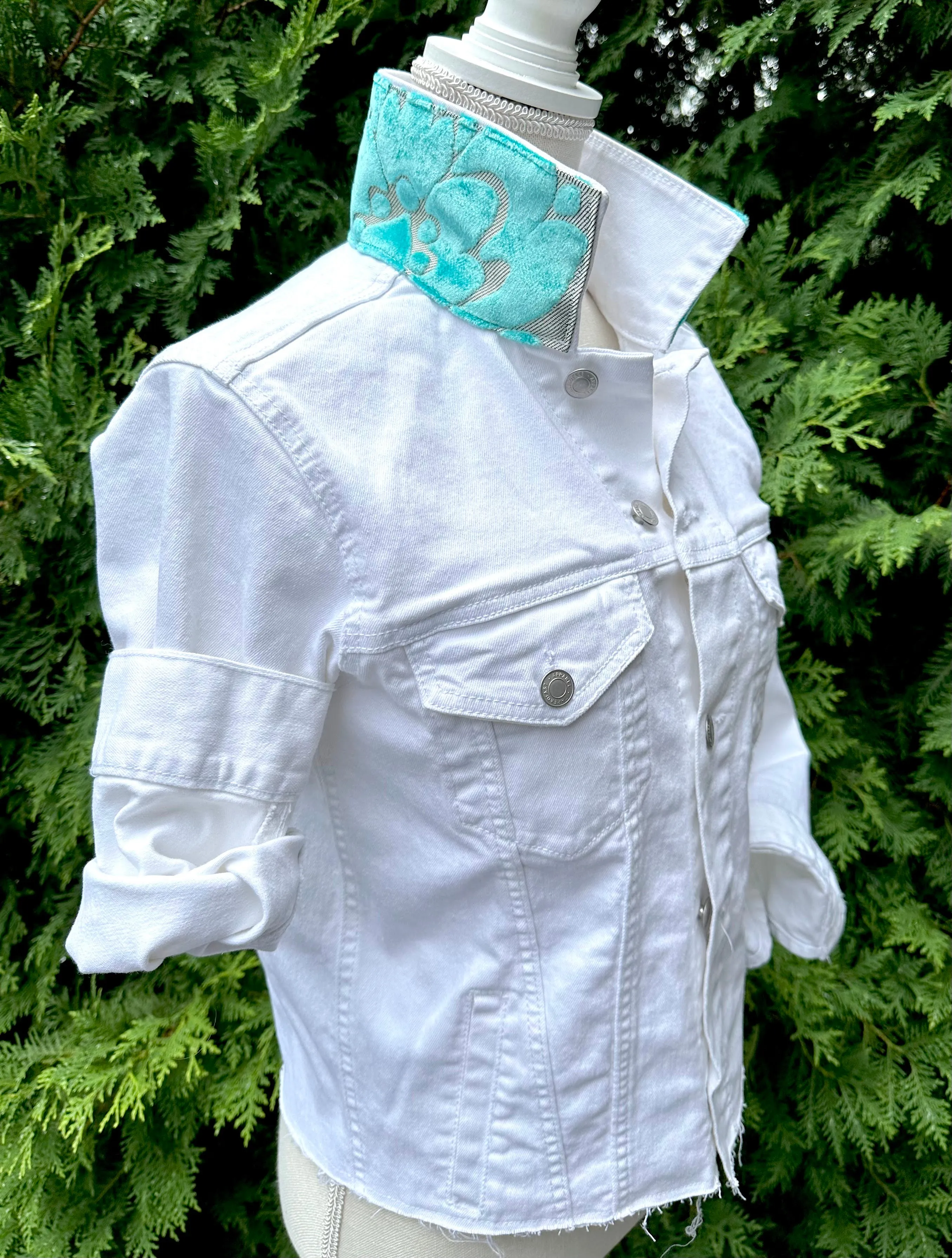 Stevie Denim Jacket - White Denim w Turquoise Velvet (ST01)