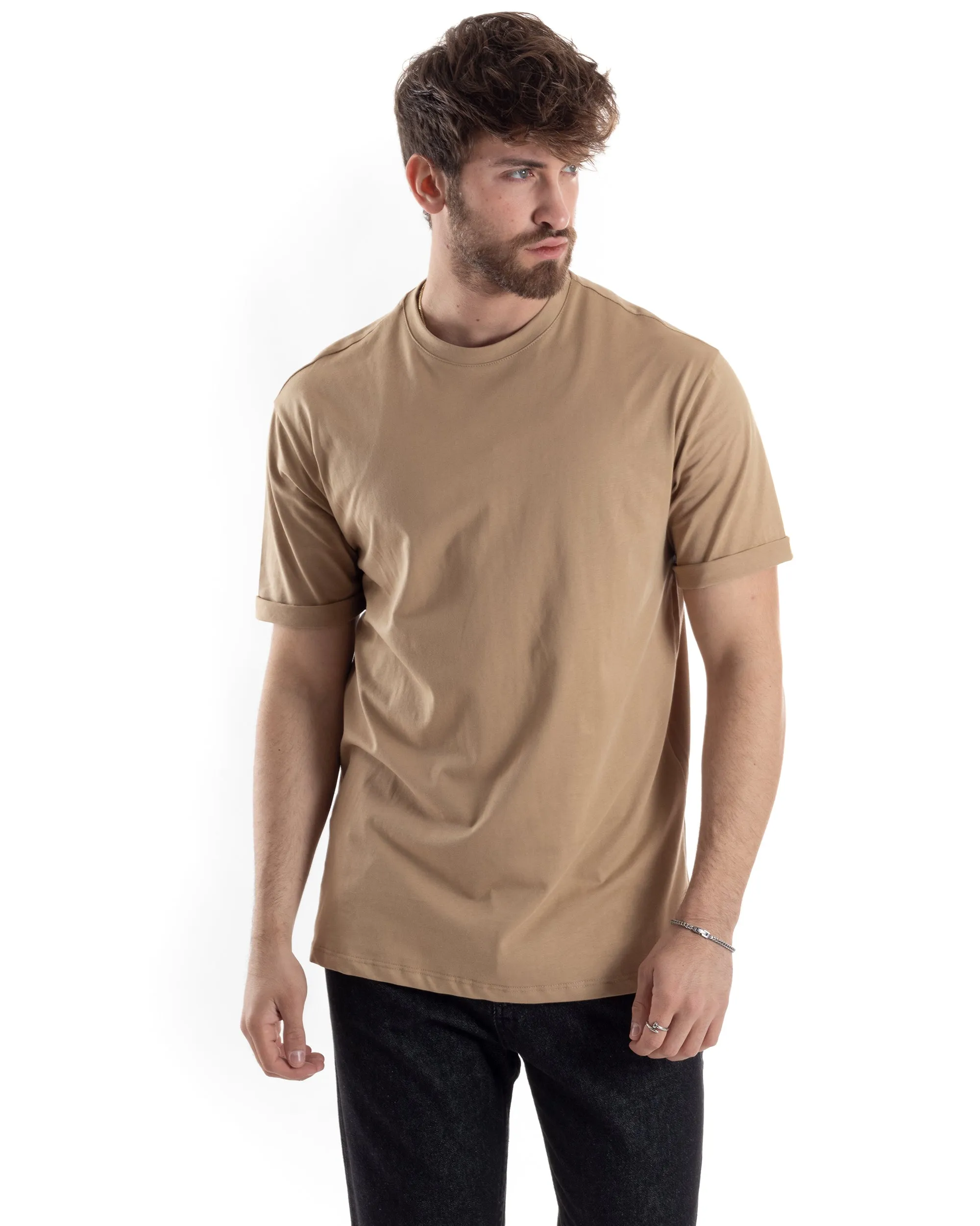 T-shirt Uomo Girocollo Basic Casual Regular Fit Tinta Unita Camel GIOSAL-TS3059A