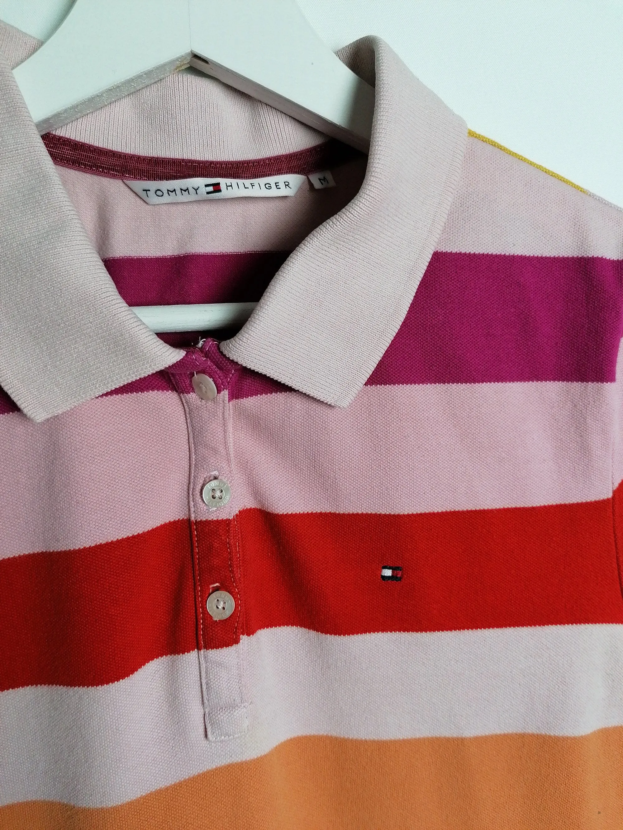 TOMMY Pink Orange Yellow Stripes Polo T-shirt - size S-M