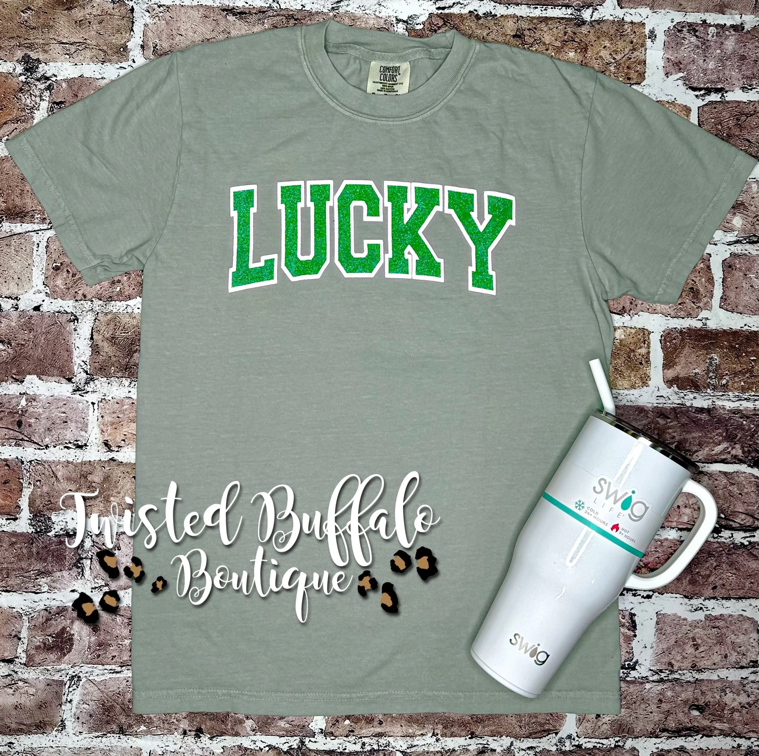 {VARSITY GLITTER LUCKY PUFF} Moss Green Crew Neck Tee