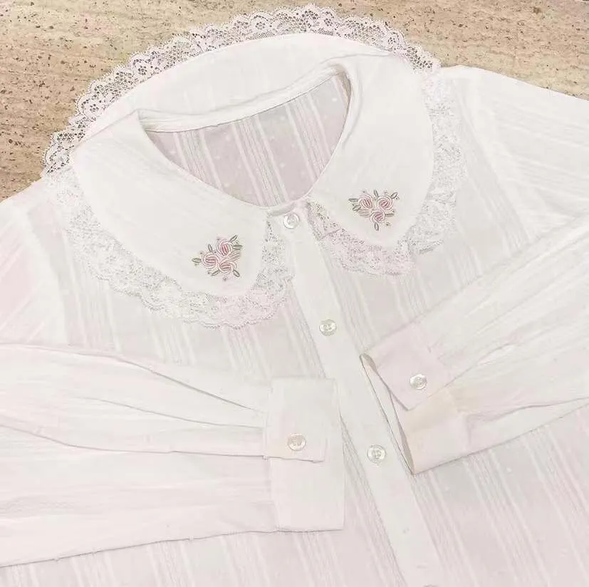 Vintage girl Rose Embroidery Lace cotton baby collar shirt BY9052