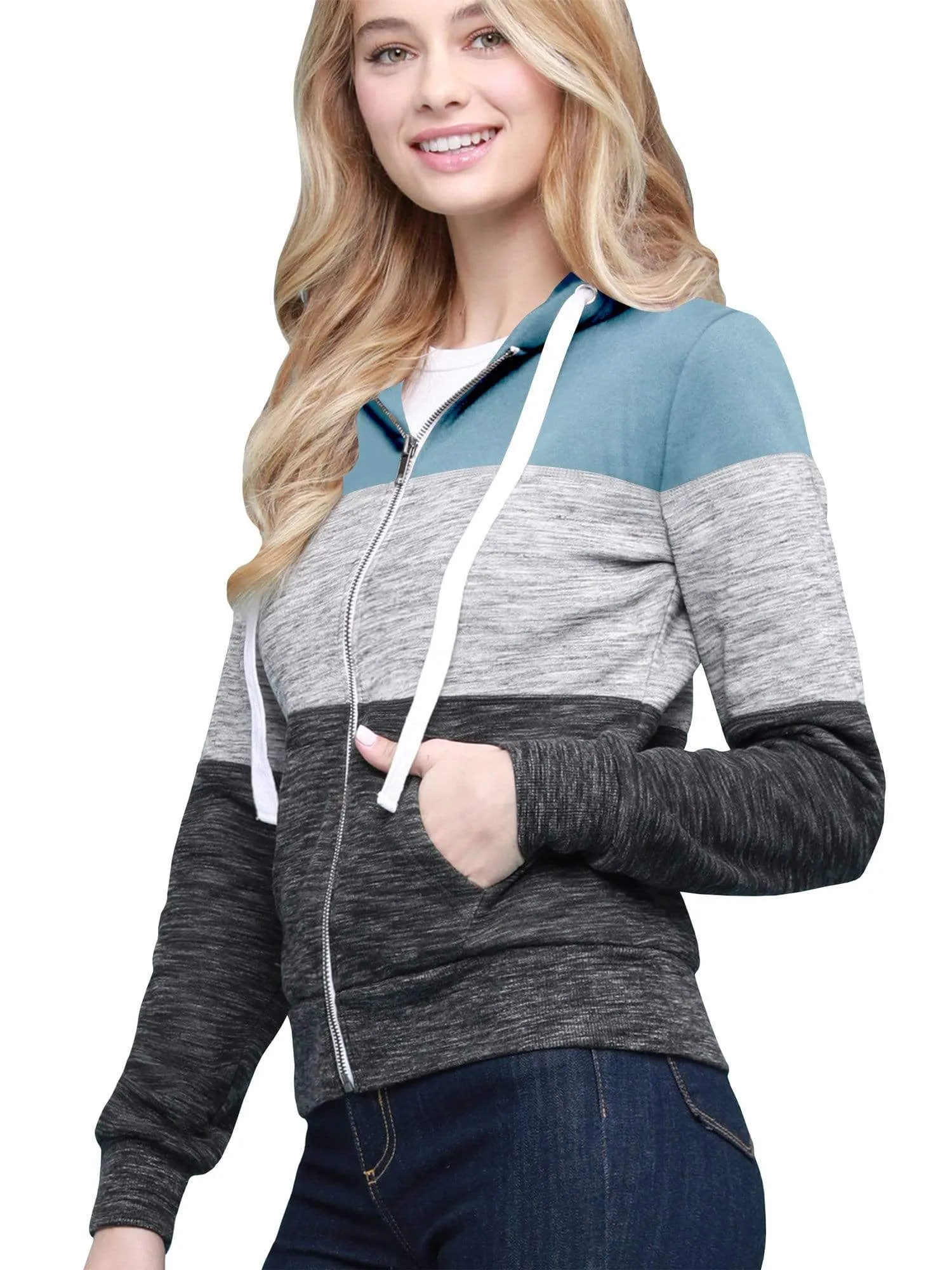 Women's Active Casual Zip-up Color Block Hoodie Sweatshirt