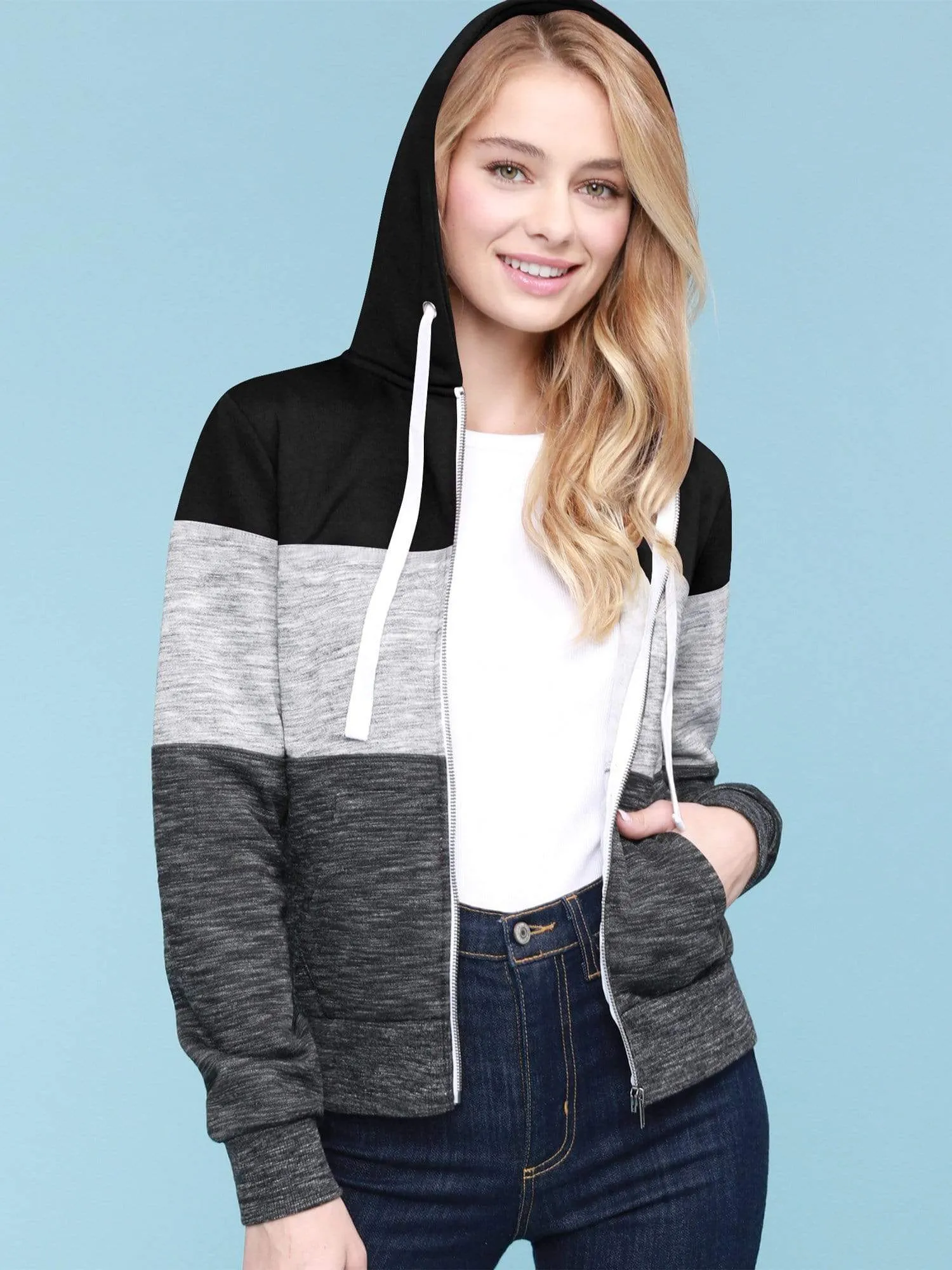 Women's Active Casual Zip-up Color Block Hoodie Sweatshirt