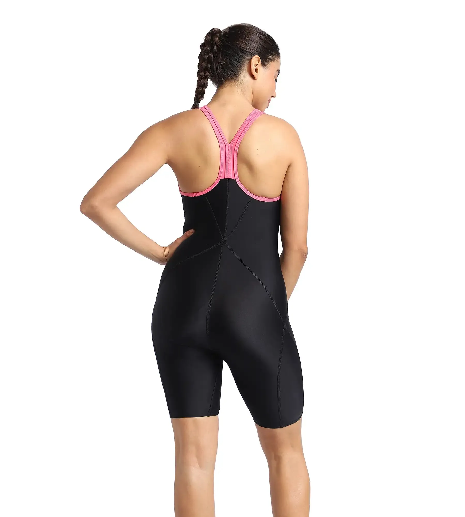 Women's Endurance Essential Panel Racerback Legsuit Swimwear  - Black  &  Fandango Pink