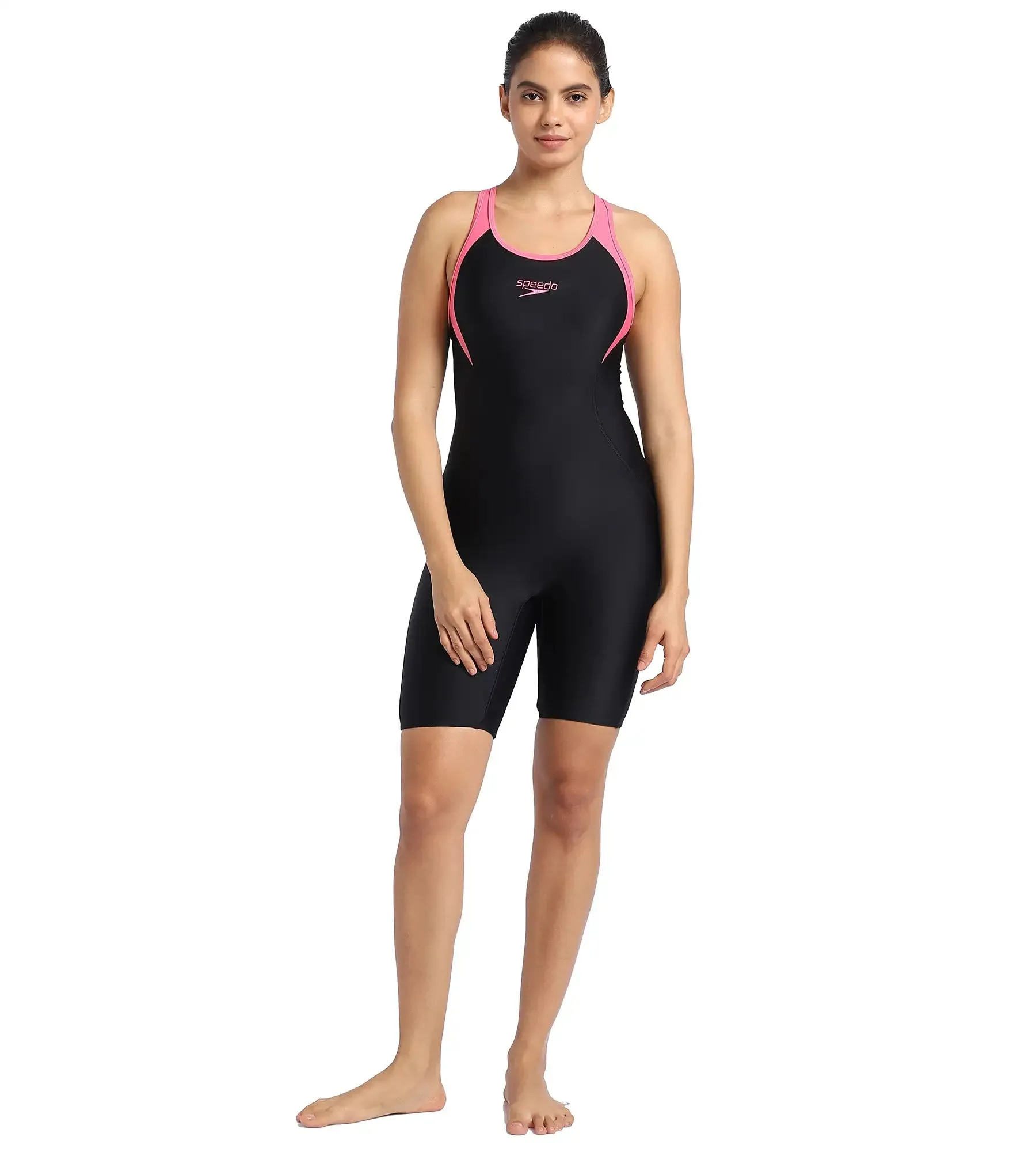 Women's Endurance Essential Panel Racerback Legsuit Swimwear  - Black  &  Fandango Pink