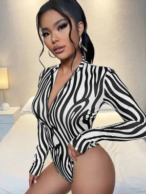 Zipper Front Zebra Striped Tee Bodysuit